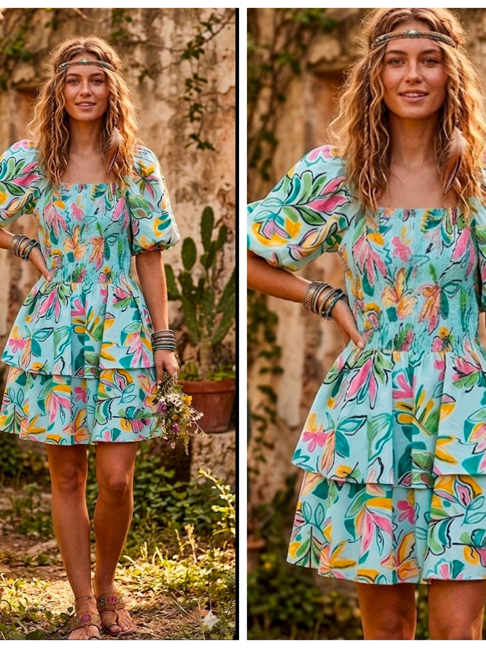Floral Tiered Smocked Mini Dress - Aqua Floral